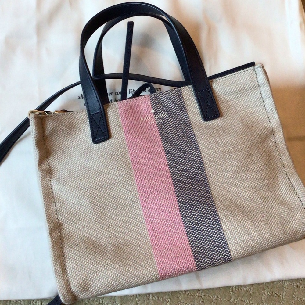 Kate Spade Canvas Beige Bag with Blue and Pink Stripes with Navy Strap